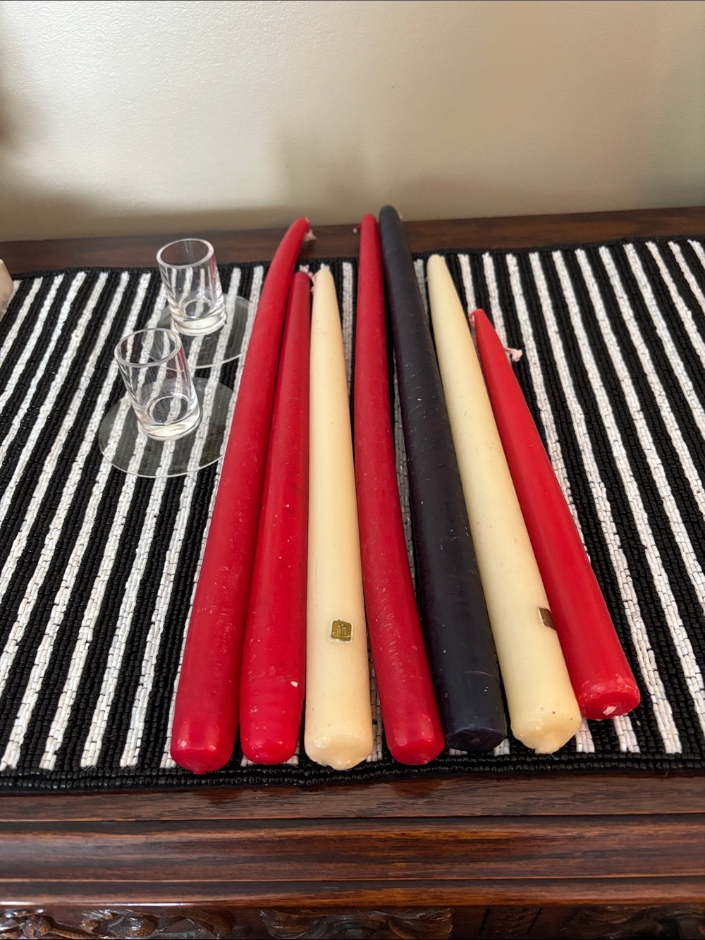 Bundle of vintage taper candles and Small glass holders